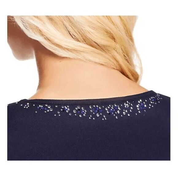 Quacker Factory Womens 3X Indigo V-neck T-shirt with Animal Rhinestone Detail NW - Picture 3 of 4